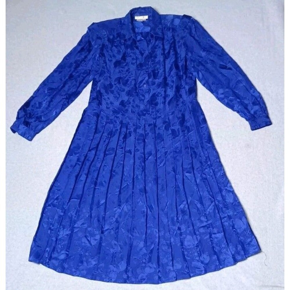 VTG Argenti 100% Silk Dress Blue Jacquard Pleated Long Sleeve Midi Dress 8 Retro